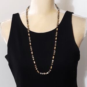 Natural stone tones brown gold tone accents necklace 28"